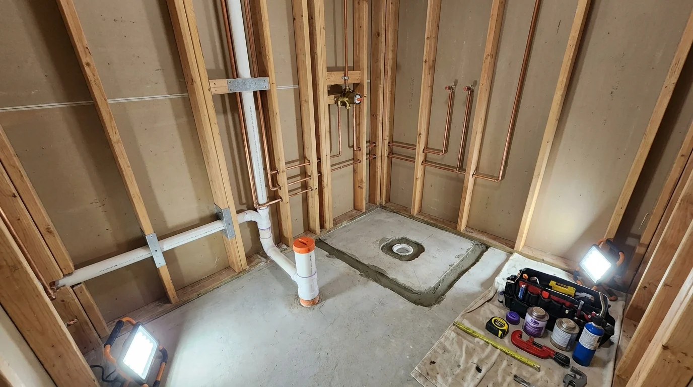 Bathroom rough-in plumbing during remodel by Johns Plumbing LLC in Oreland
