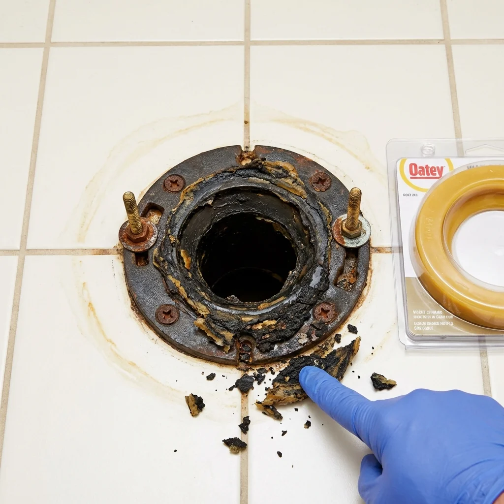 Failed wax ring showing water seepage at the base of a toilet in a Oreland, PA home